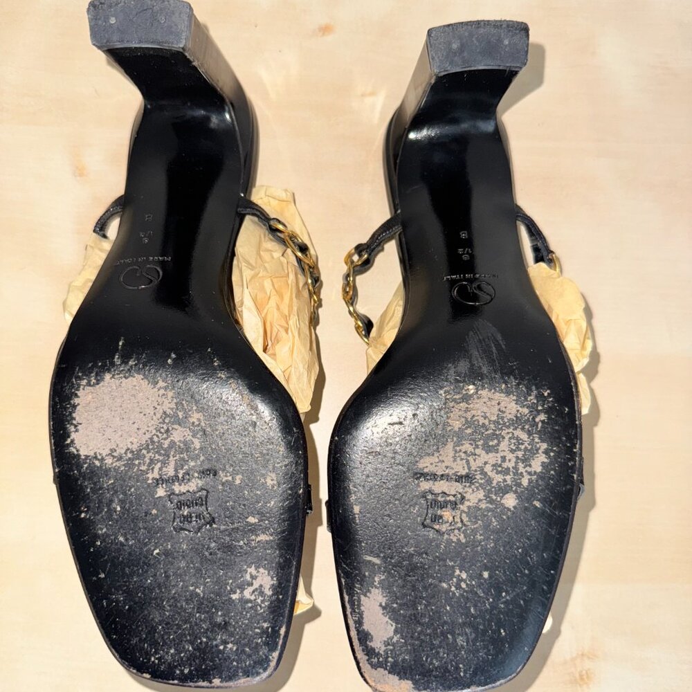 St. John Black Patent Leather Heel Sandals Size 8.5 M Catena Strappy Gold Chain - Picture 12 of 16